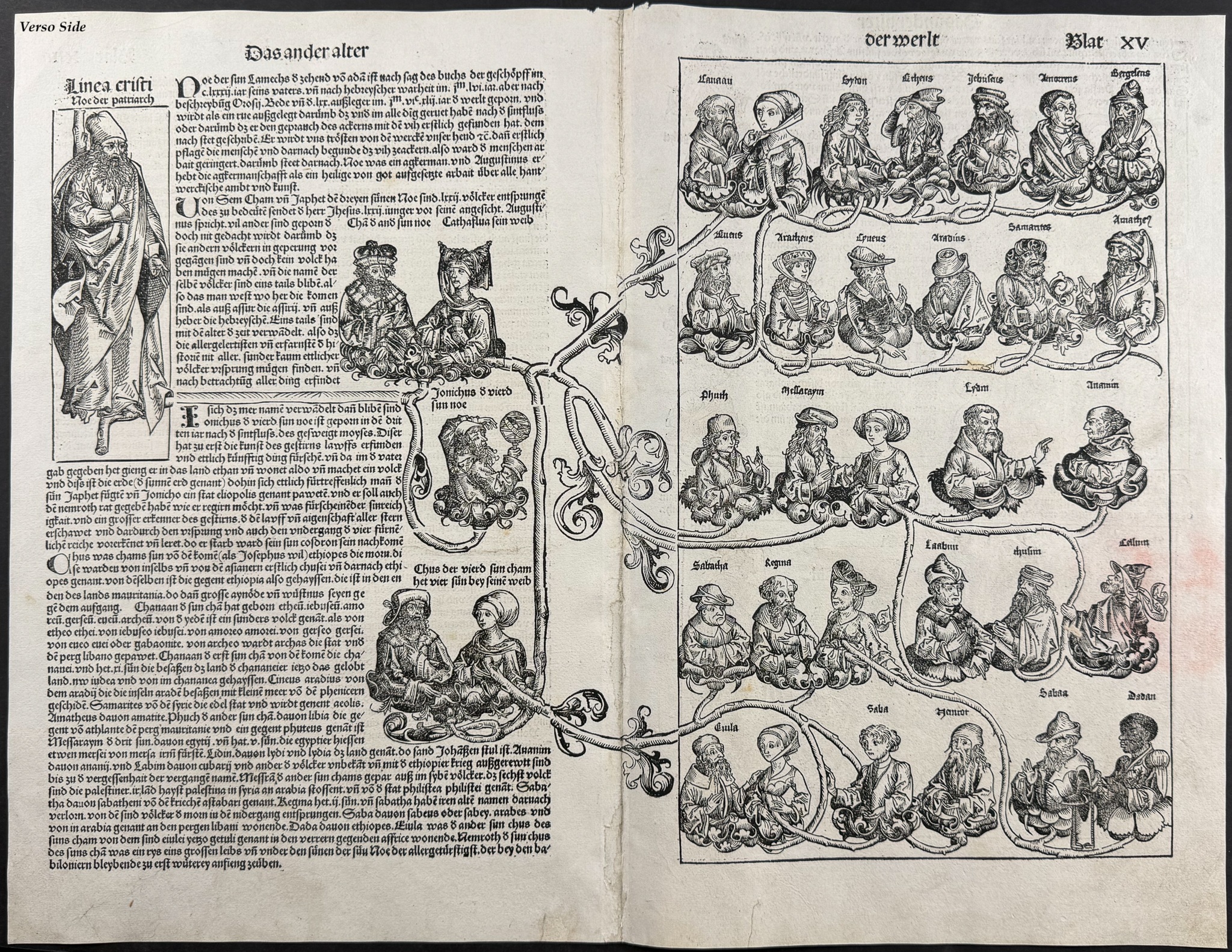 Schedel, pub. 1493 - Depiction of Noah's Drunkenness / Verso: Lineage of Christ