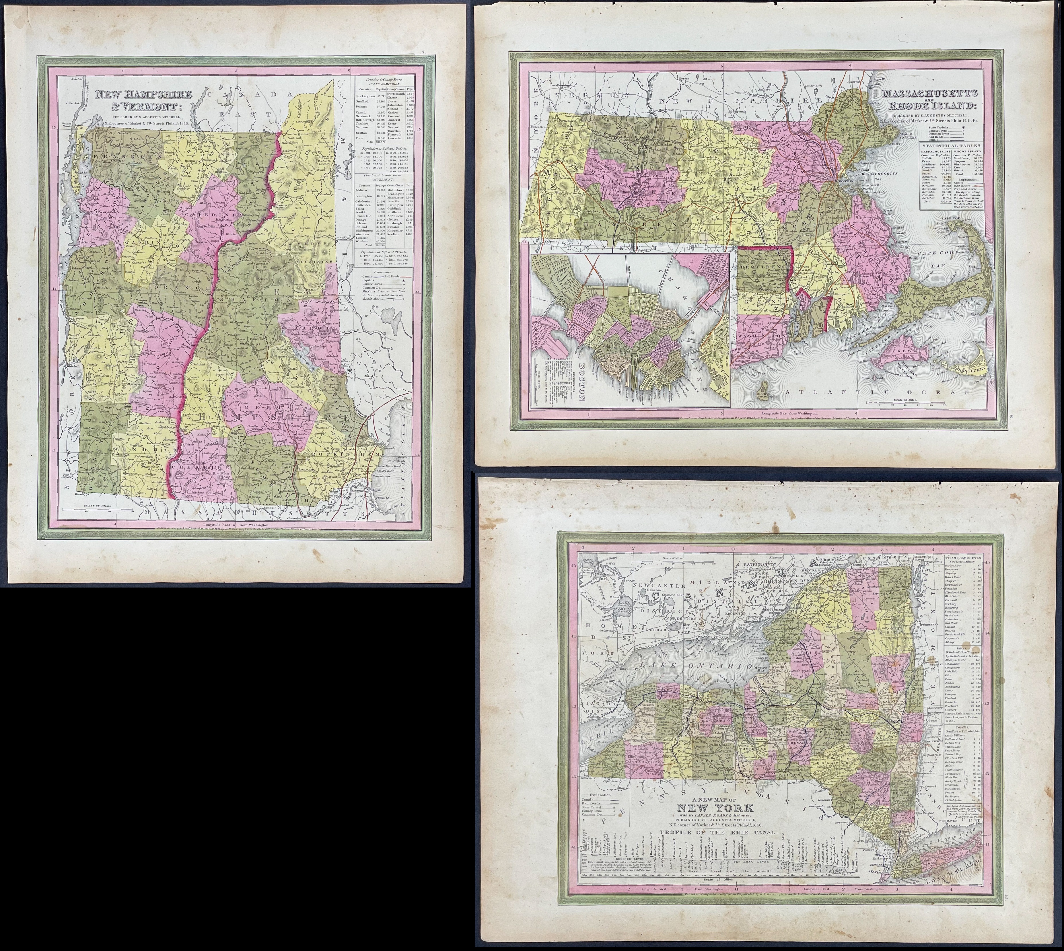 Mitchell - 4 Maps of New England (New York, Connecticut, Massachusetts, Rhode Island, New Hampshire, Vermont)