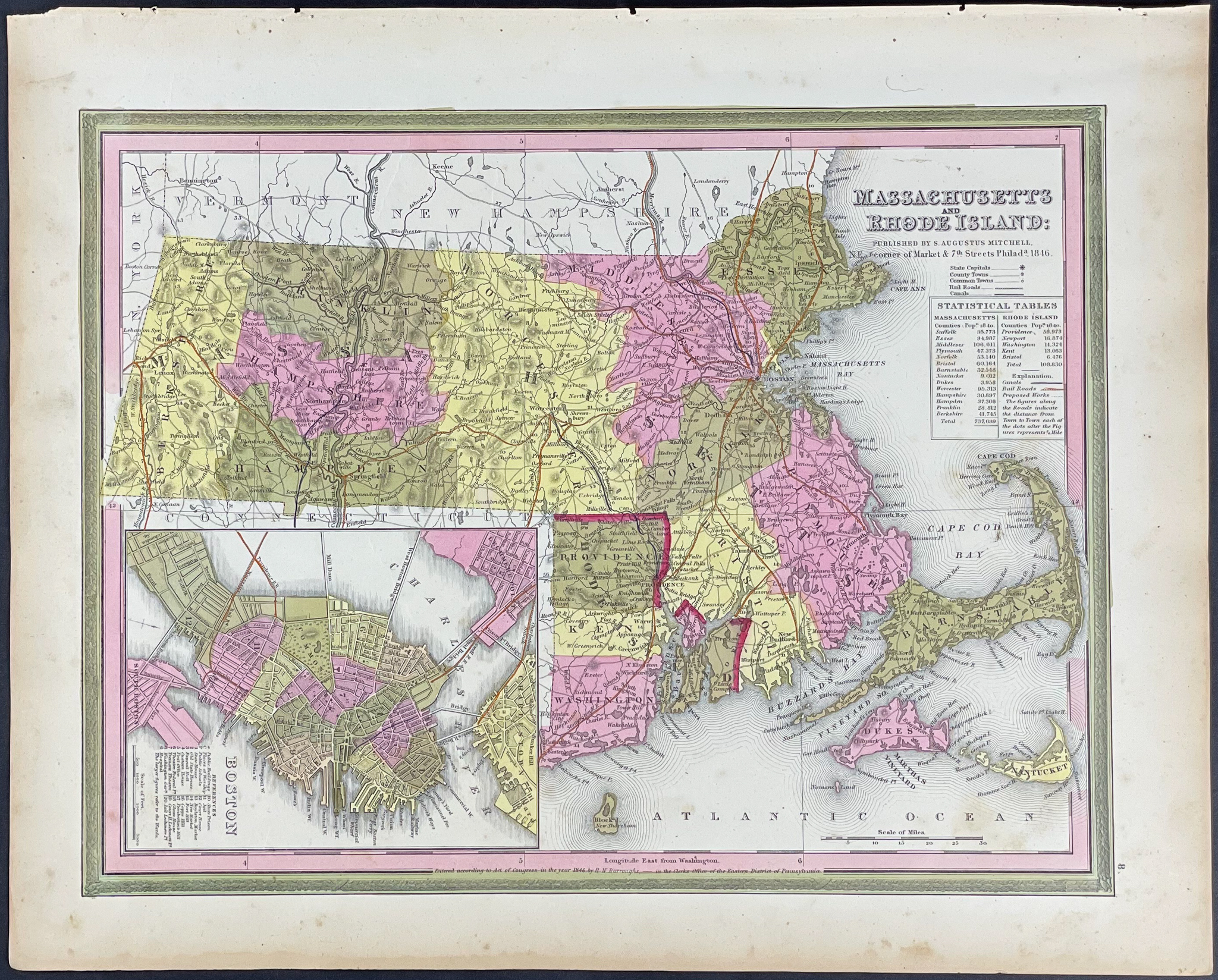Mitchell - 4 Maps of New England (New York, Connecticut, Massachusetts, Rhode Island, New Hampshire, Vermont)