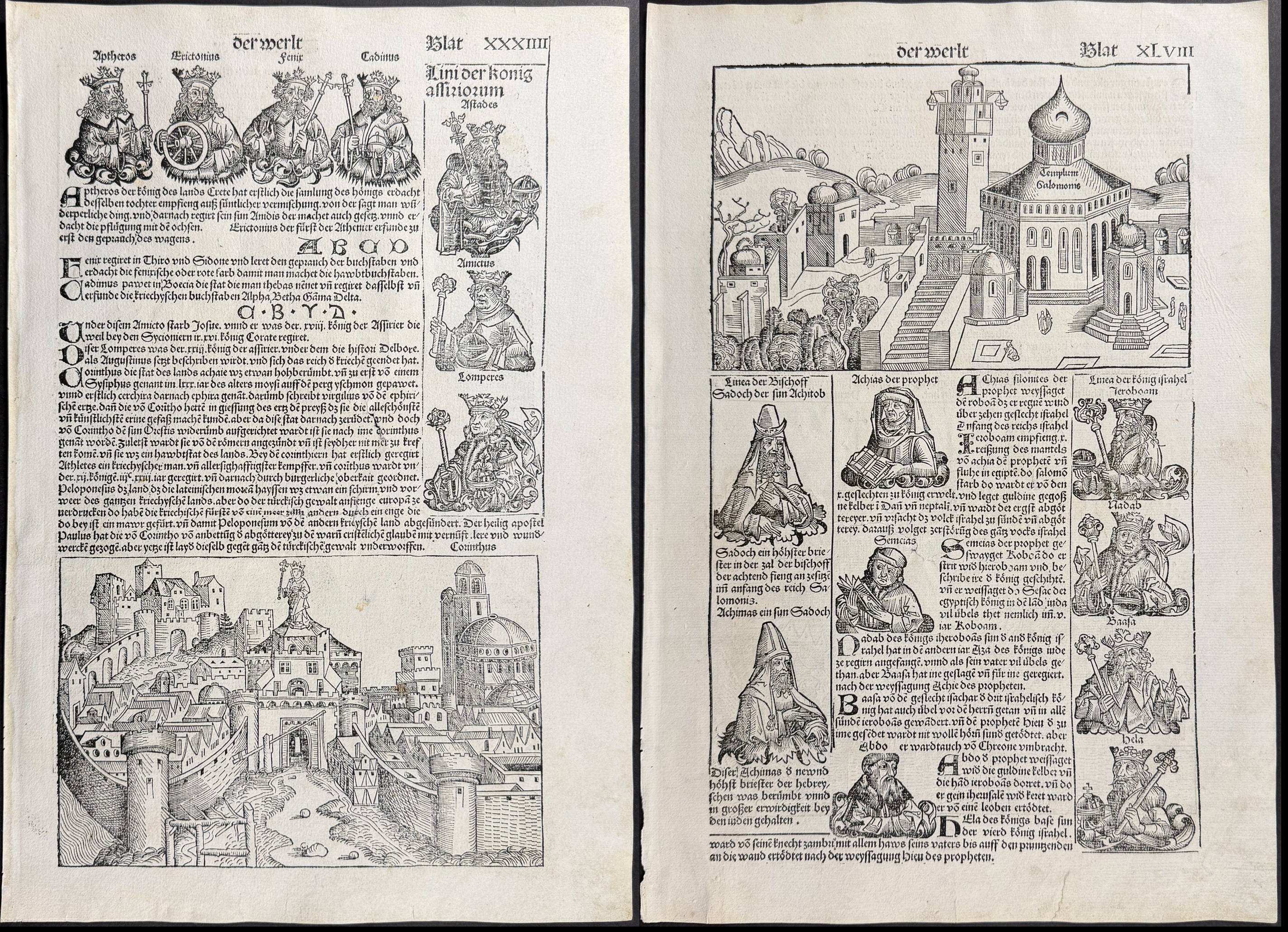 Schedel, pub. 1493 - 3 Pages with Town View & Religious & Historic Figures