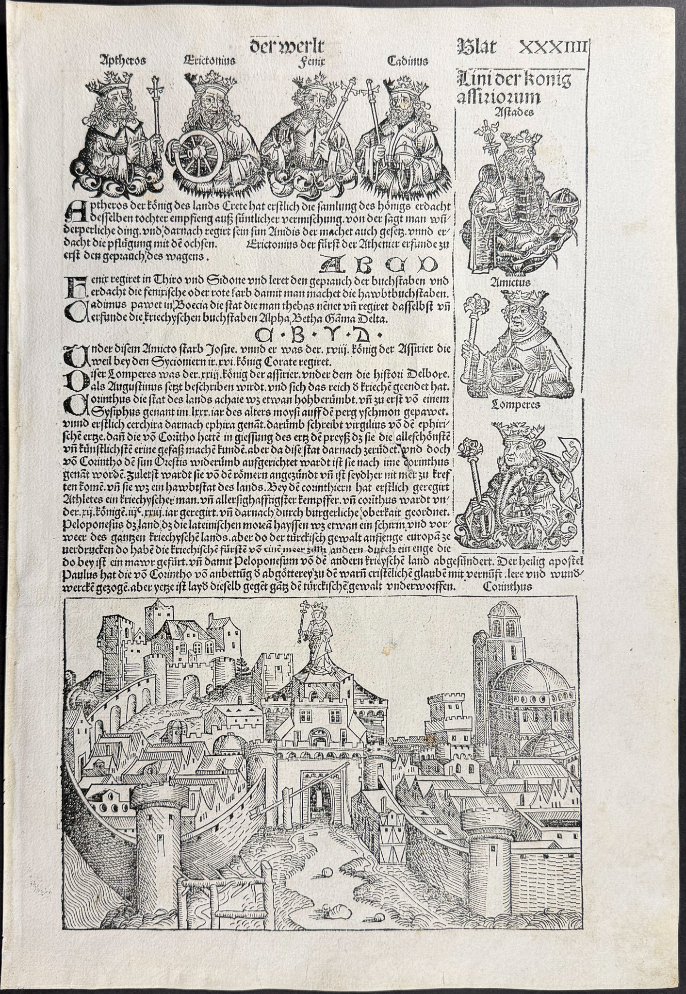 Schedel, pub. 1493 - 3 Pages with Town View & Religious & Historic Figures