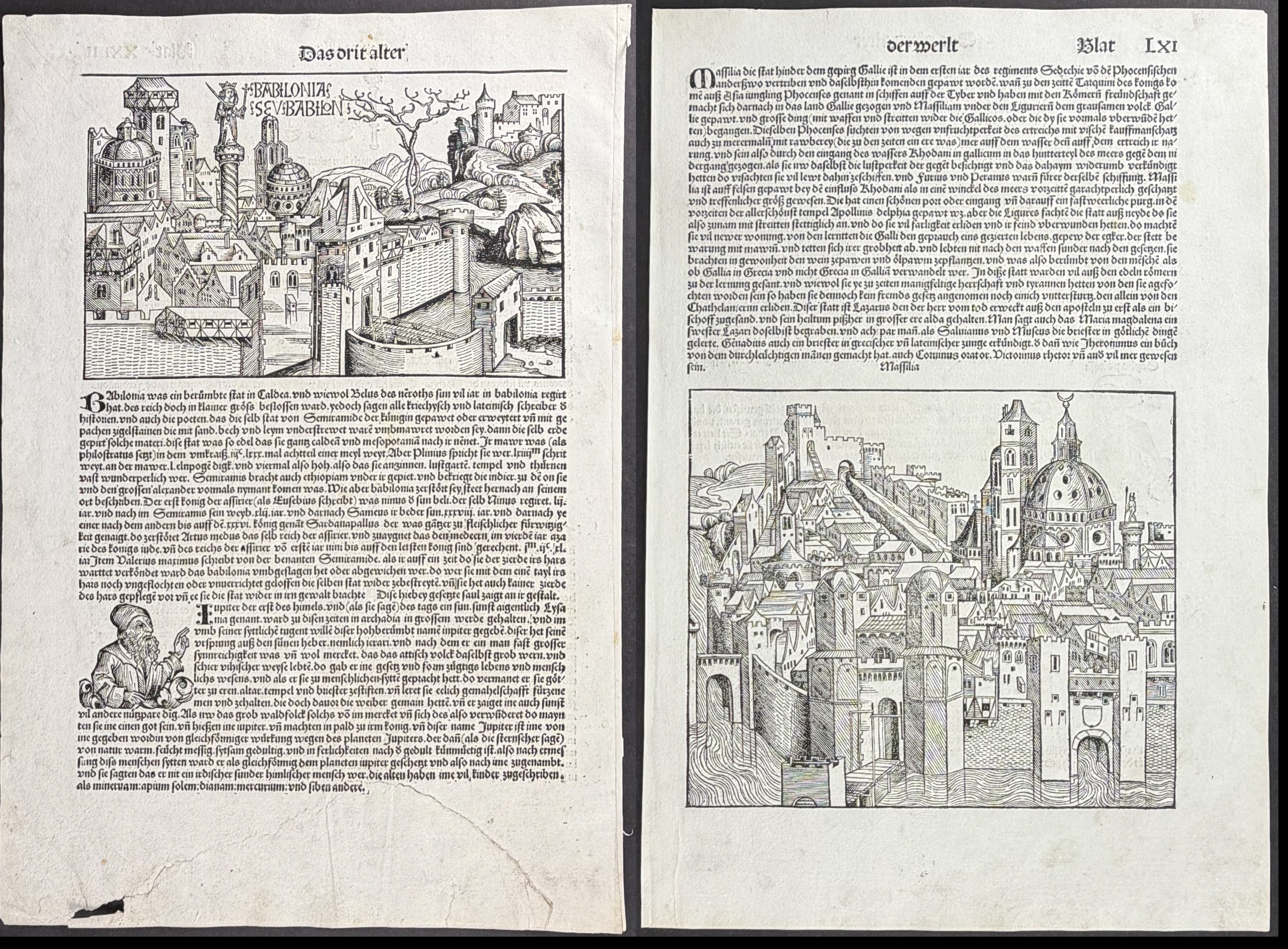 Schedel, pub. 1493 - Pair of Town Views: Babylon & Marseilles, France