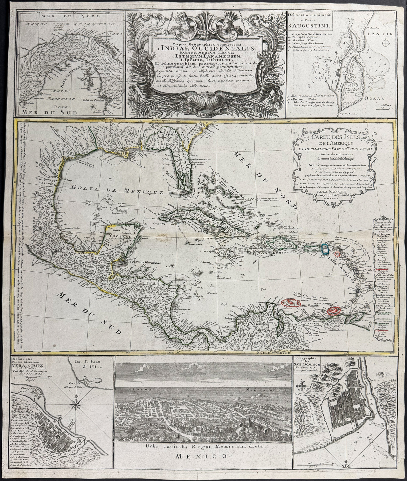 D'Anville & Homann - Map of the West Indies with Florida, Inset of Mexico, Lousiana, St. Augustine