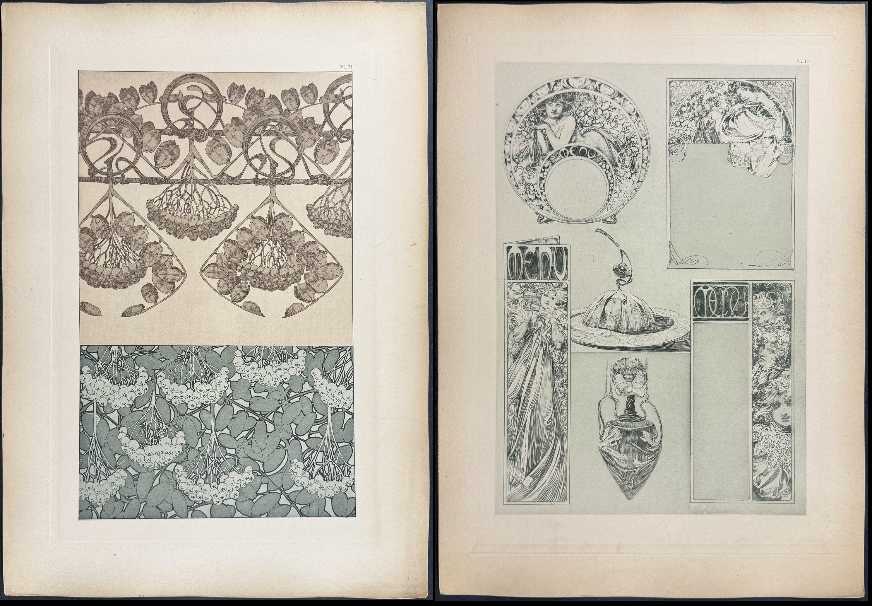 Mucha, Folio - 4 Lithographs of Floral Design, Decor, & Hair & Jewelry Designs