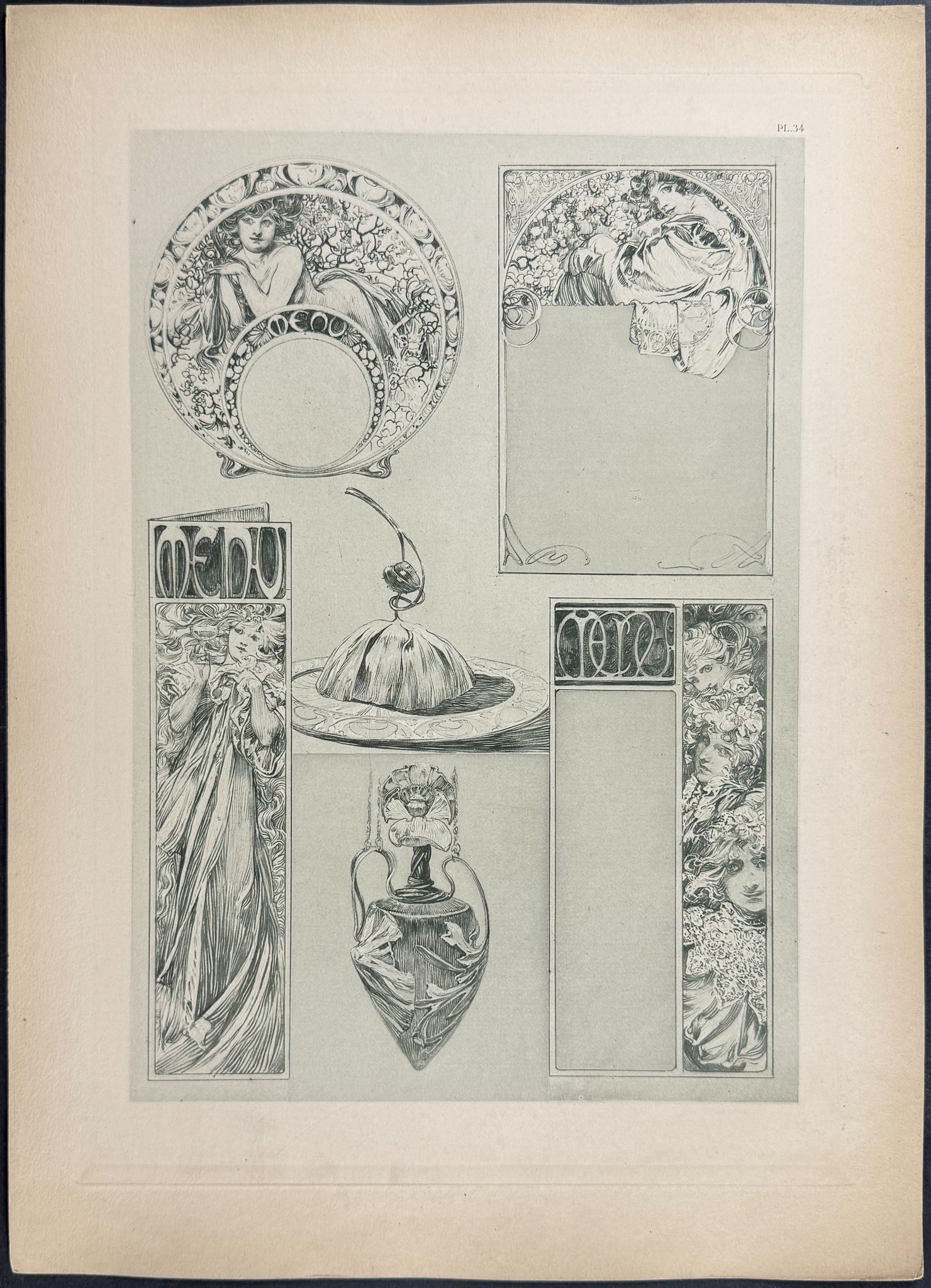 Mucha, Folio - 4 Lithographs of Floral Design, Decor, & Hair & Jewelry Designs