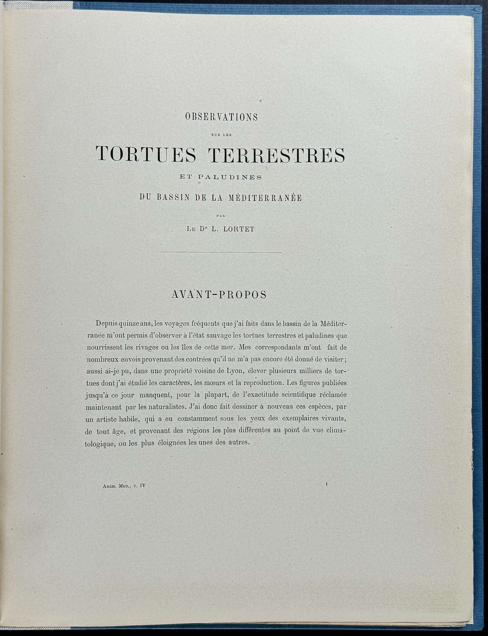 Lortet's Observations sur les Tortues Terrestres - Volume with 8 Lithographs
