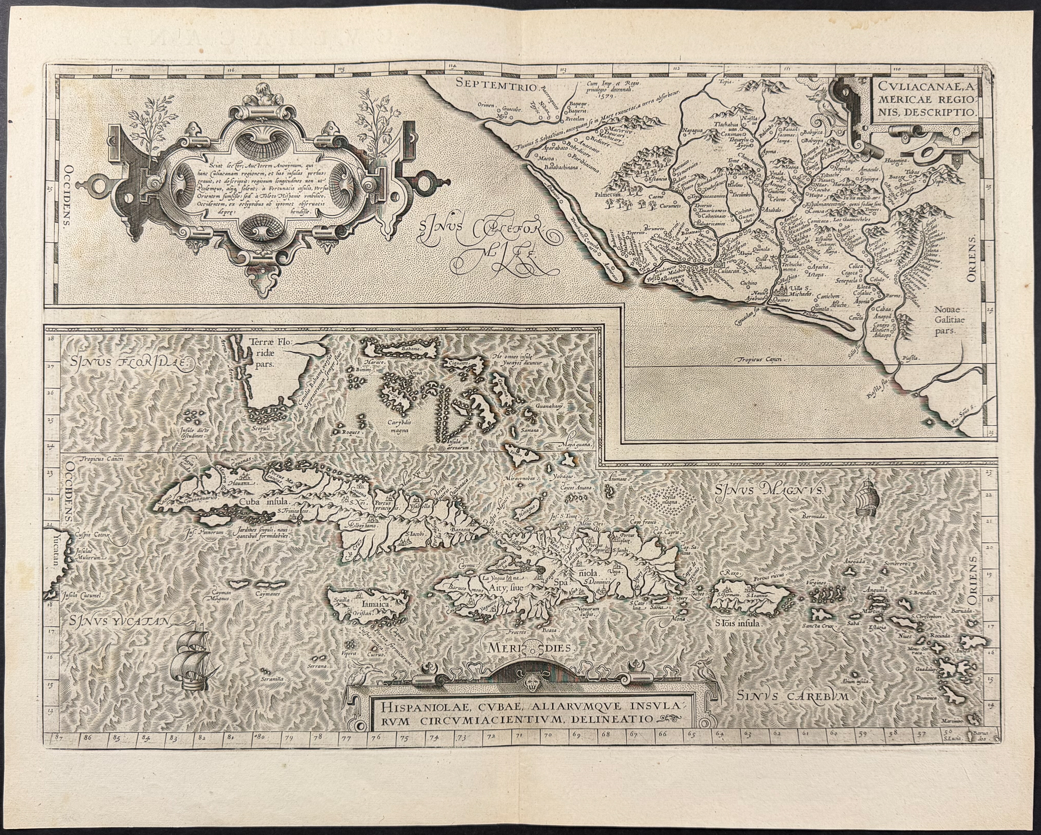 Ortelius, pub. 1587 - Map of Western Mexico (New Spain) & Carribean (West Indies, Antilles Islands)