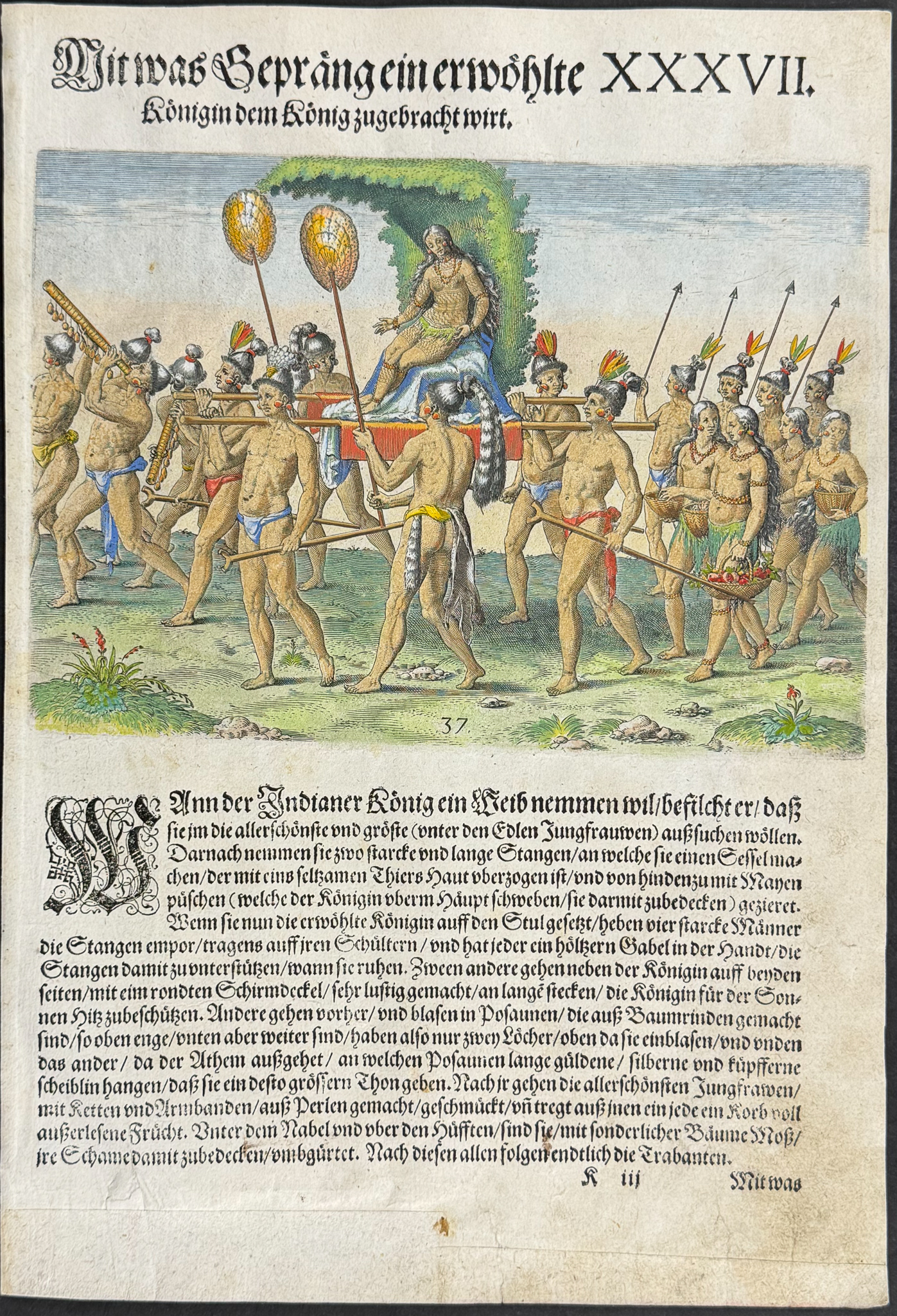 De Bry - Florida - The display involved when a queen elect is brought to the king (Palanquin or Litter)