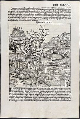 Schedel, pub. 1493 - View of Macedonia / Verso: Text Only. This important and historic engraving 
