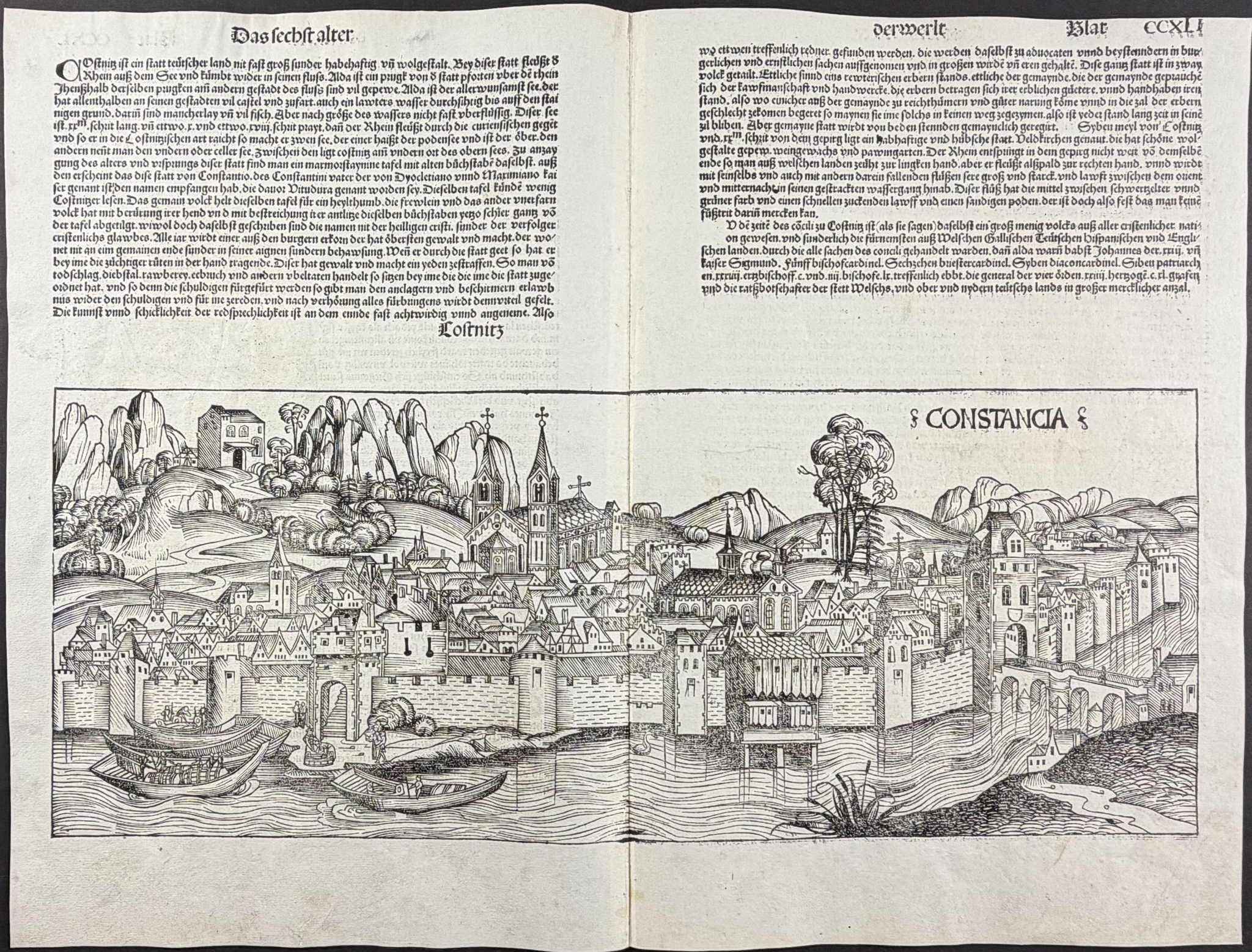 Schedel, pub. 1493 - View of Konstanz (Constance, Constancia), Germany / Verso: Religious & Historic Figures