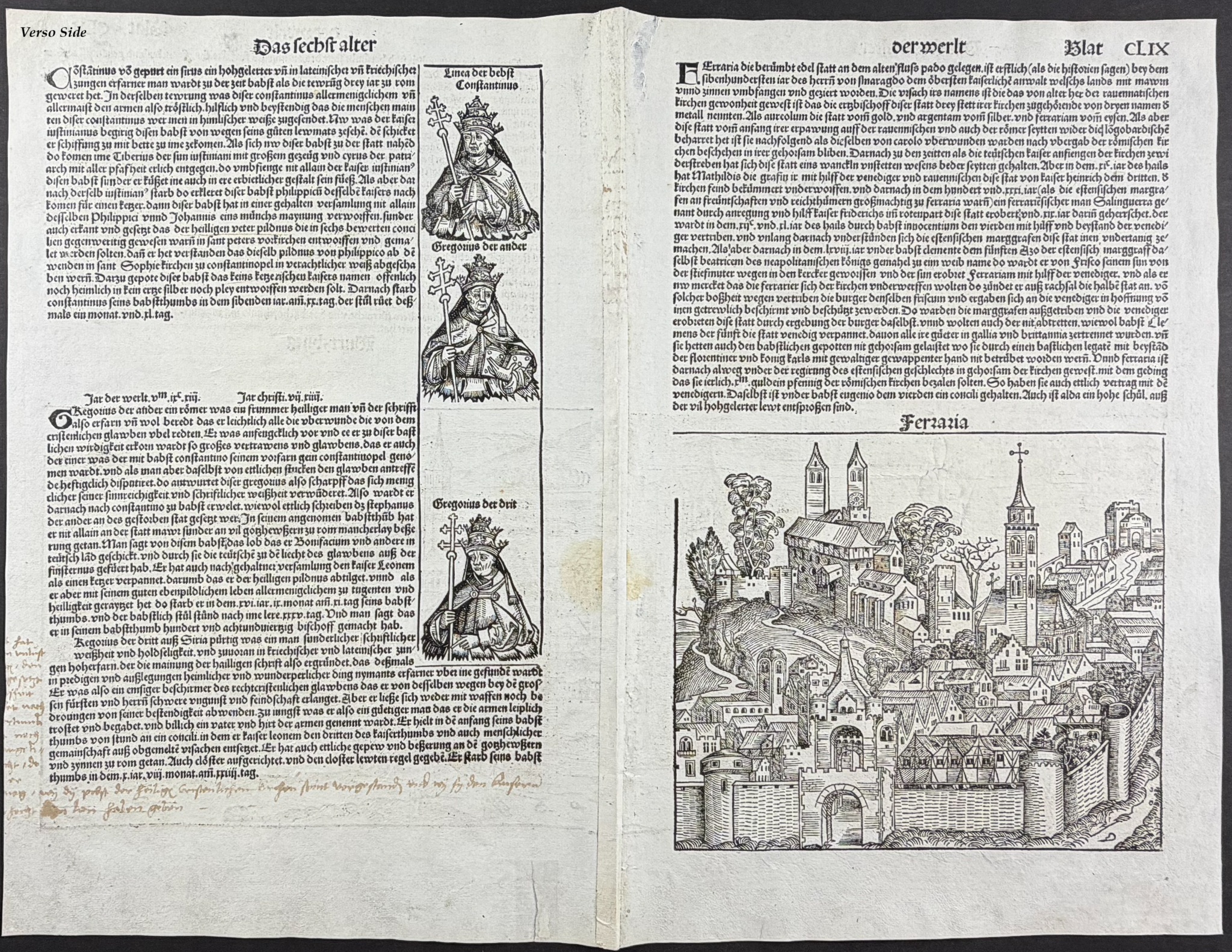 Schedel, pub. 1493 - View of Wuzburg (Wurtzburg Herbipolis), Germany / Verso: View of Ferrara, Italy & Religious & Historic Figures