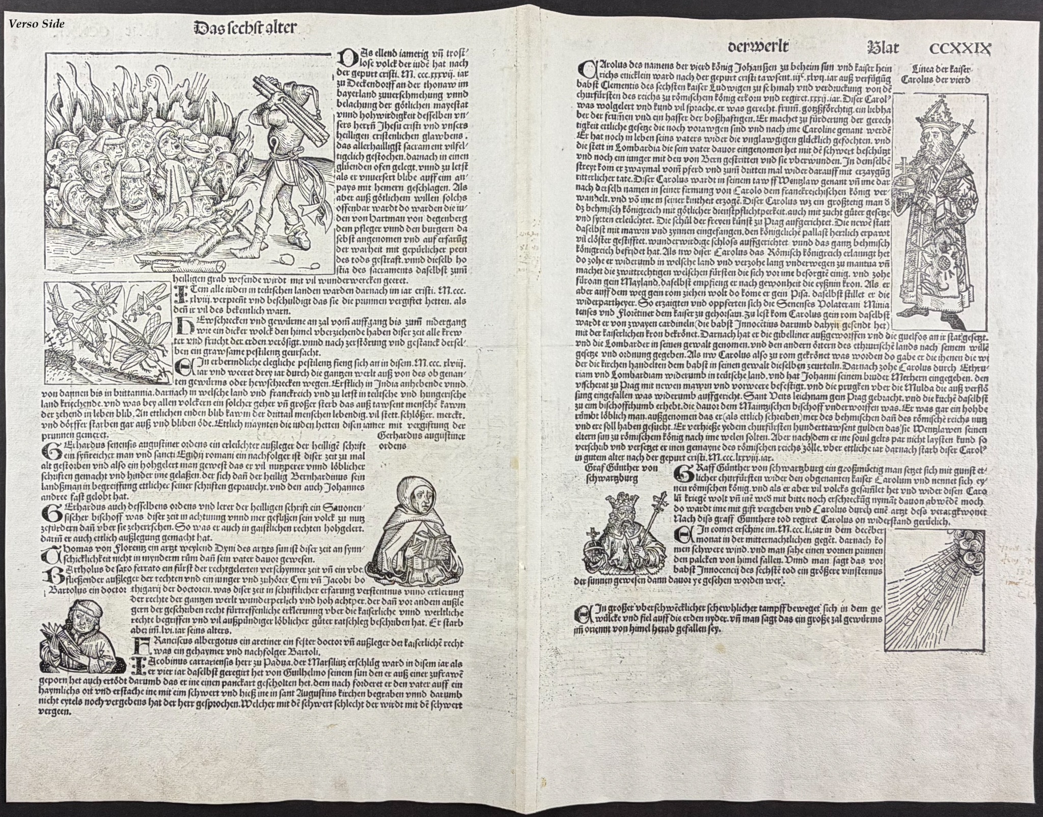 Schedel, pub. 1493 - View of Prague, Czech Republic / Verso: Burning of Jewish People, Religious and Historic Figures, Insects