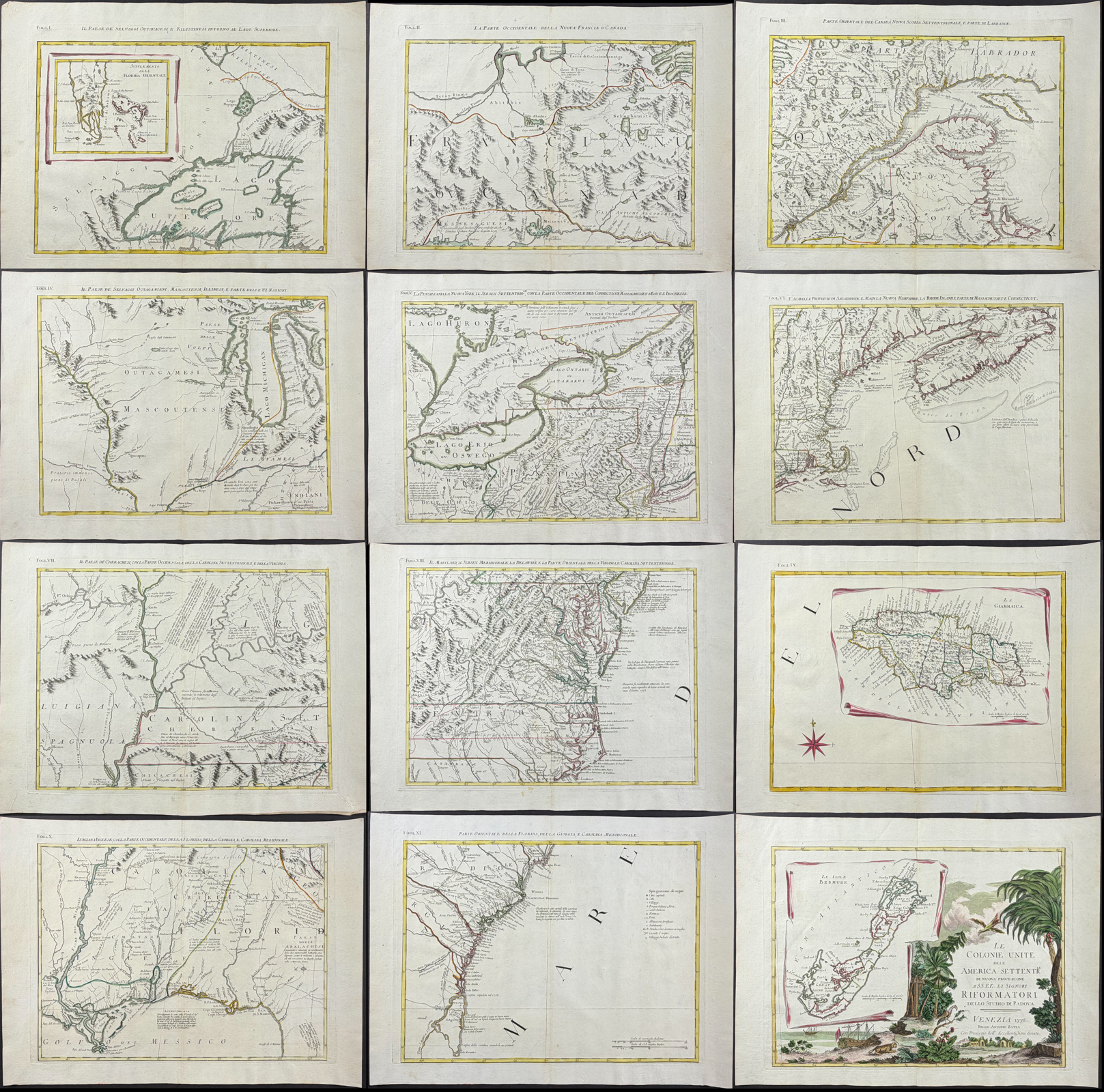 Zatta - Important Wall Map: Colonial Eastern United States & Canada on 12 Maps (Not Joined)