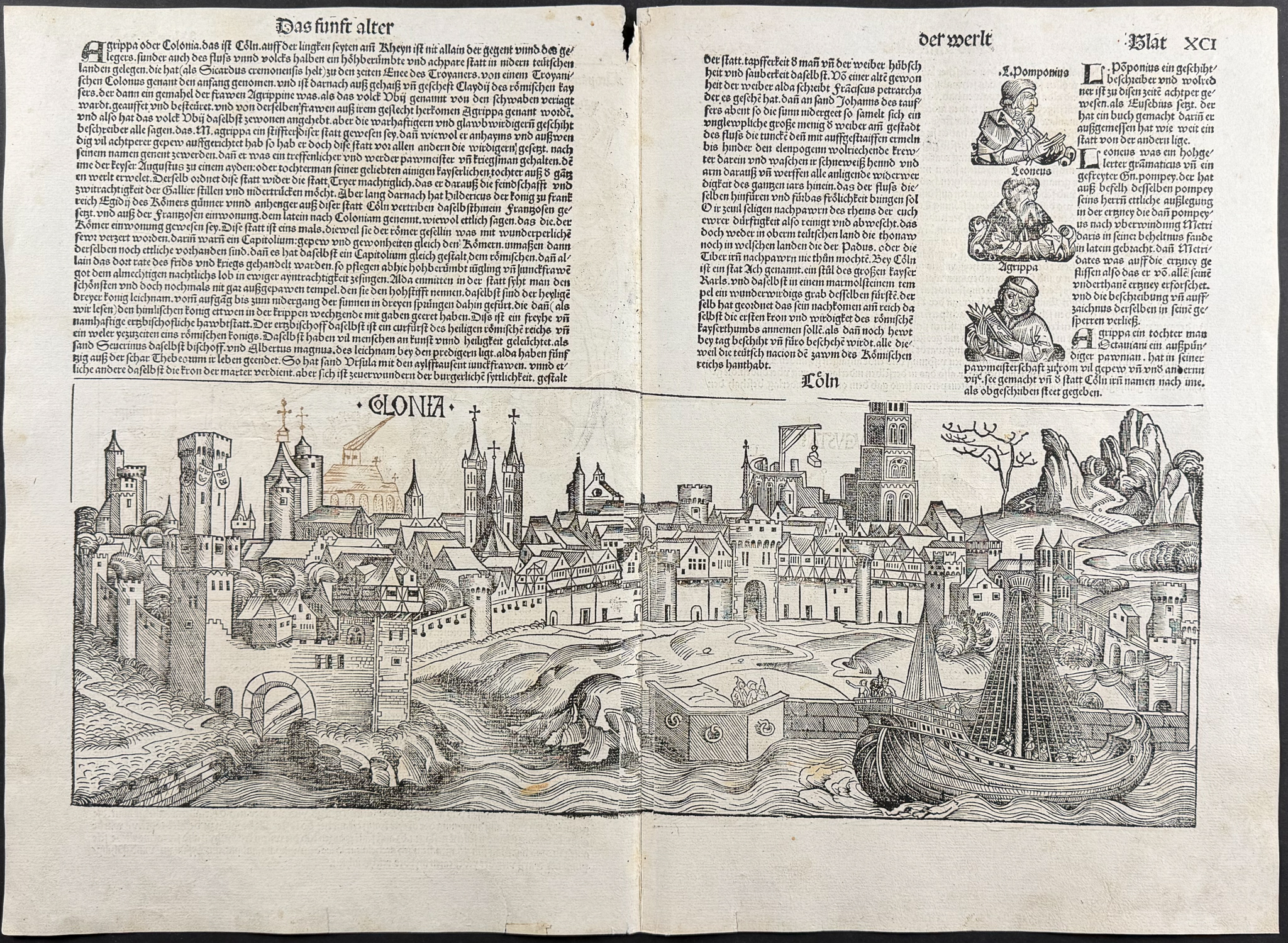 Schedel, pub. 1493 - View of Cologne (Koln), Germany / Verso: Lineage Chart; Partial View of Augsburg (Augusta), Germany
