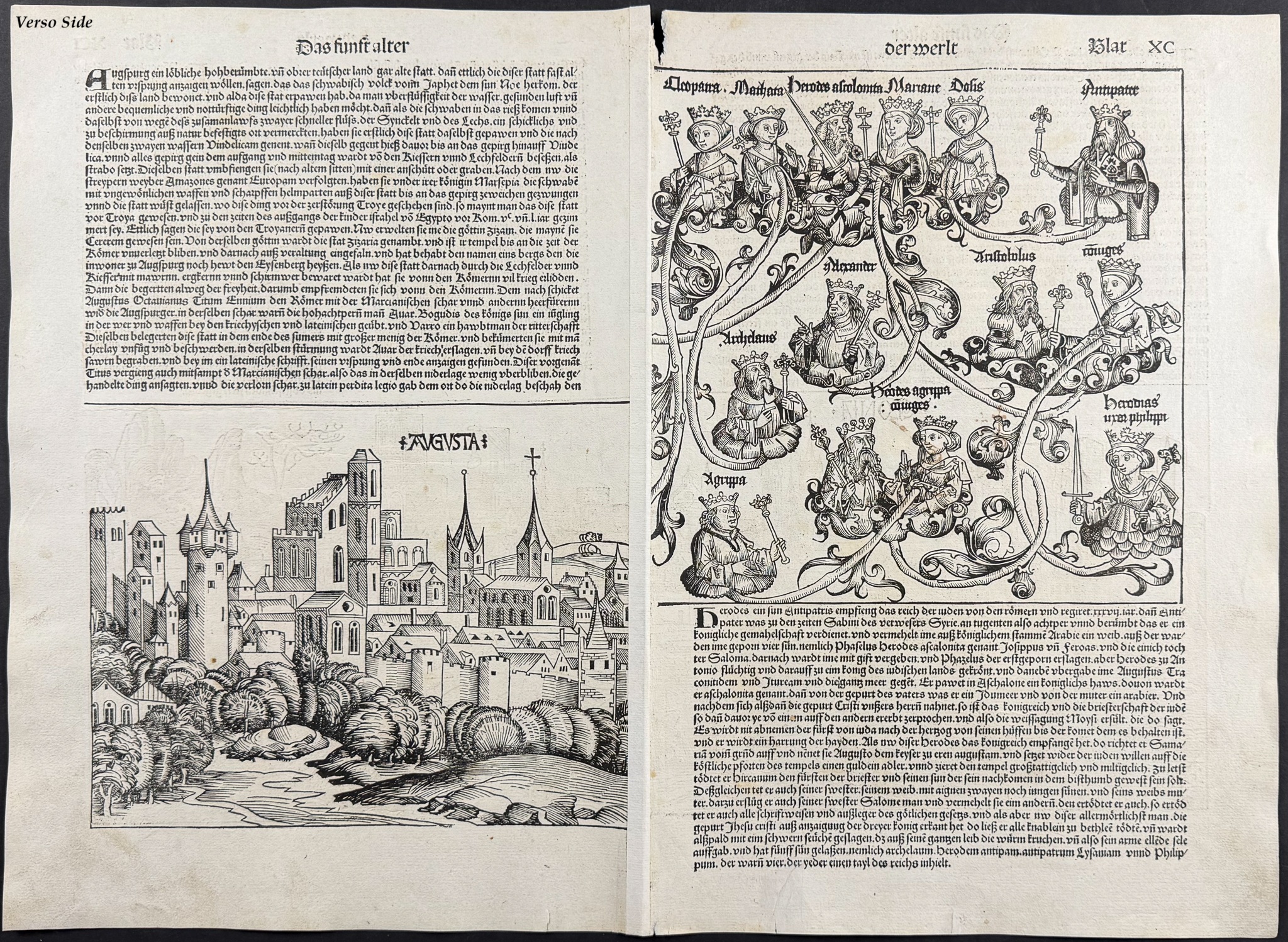 Schedel, pub. 1493 - View of Cologne (Koln), Germany / Verso: Lineage Chart; Partial View of Augsburg (Augusta), Germany