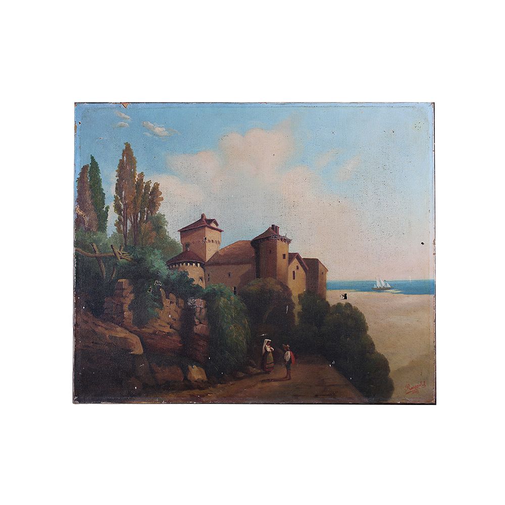 OLIO SU TELA - OLIO SU TELA raffigurante paesaggio con personaggi h cm 46 x 55