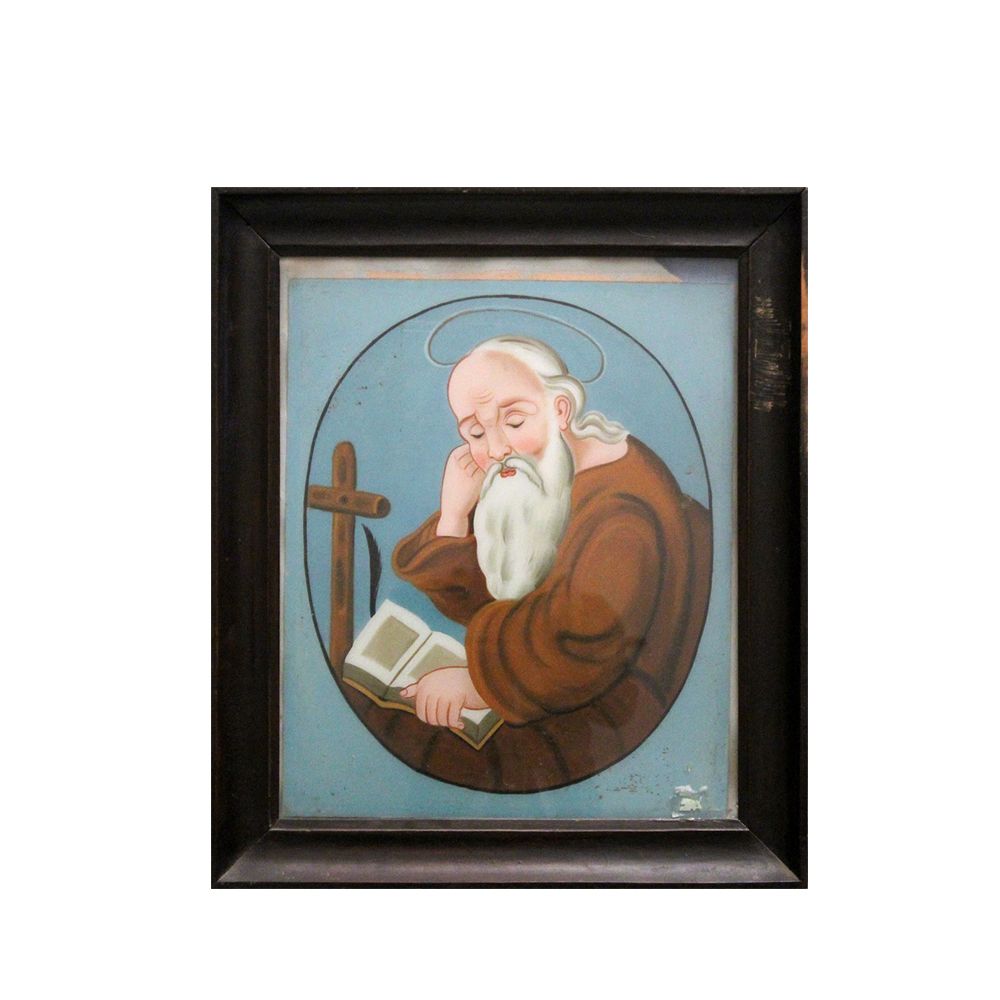 PITTURA SU VETRO - PITTURA SU VETRO raffigurante Sant'Antonio Abate Italia primi 800 h cm 52 x 42