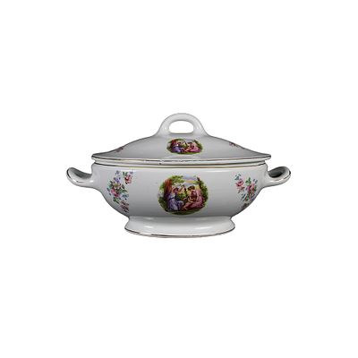 BELLA ZUPPIERA - BELLA ZUPPIERA in porcellana dipinta dentro riserva scene mitologiche con profili 