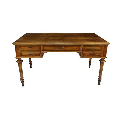 SCRIVANIA - SCRIVANIA in legno di noce a cinque cassetti, uno grande al centro e due per lato 