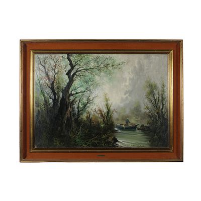 M. AMMENDOLA - M. AMMENDOLA olio su tela raffigurante paesaggio lacustre con personaggio firma in 