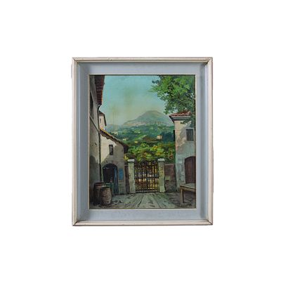 R. GULOTTA - R. GULOTTA olio su tela raffigurante paesaggio con case e personaggio, firma in basso 