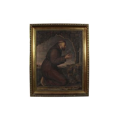 OLIO SU TELA - OLIO SU TELA raffigurante San Francesco in preghiera dentro cornice in legno dorato 