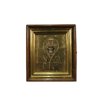 ICONA RUSSA - ICONA RUSSA a fondo oro raffigurante San Nicola con custodia in legno di rovere XIX 