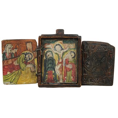 ICONA DA VIAGGIO AMHARA - ICONA DA VIAGGIO AMHARA in legno scolpito e cuoio, dipinta su tavolette 