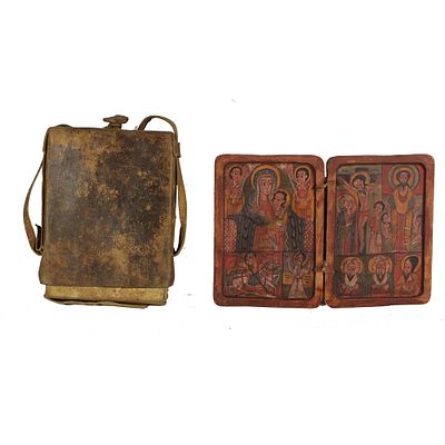 ICONA DA VIAGGIO CON CUSTODIA AMHARA - ICONA DA VIAGGIO CON CUSTODIA AMHARA in legno scolpito e 