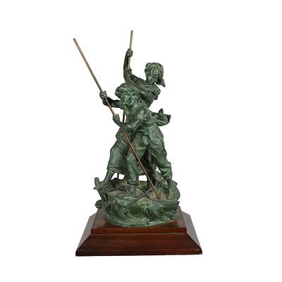 GRUPPO SCULTOREO - GRUPPO SCULTOREO in metallo bronzato raffigurante naviganti XX secolo h cm 60,5 
