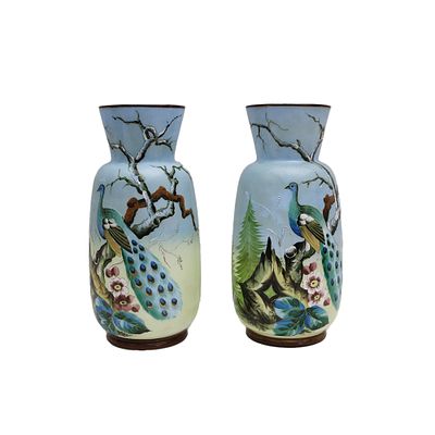 COPPIA DI VASI - COPPIA DI VASI in opaline dipinti a motivi floreali raffiguranti volatili Sicilia 