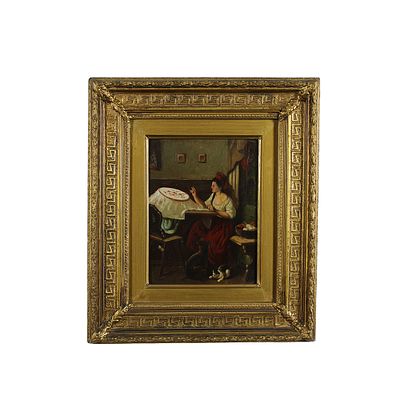 OLIO SU RAME - OLIO SU RAME raffigurante scena d'interno raffigurante ricamatrice ed animali 