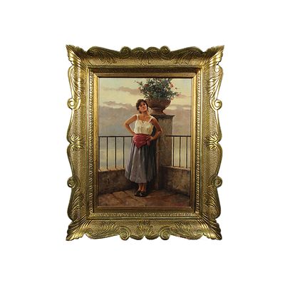 OLIO SU TAVOLETTA - OLIO SU TAVOLETTA raffigurante donna su terrazzo a firma M. David dentro 