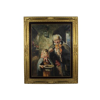 DIPINTO, OLIO SU TELA - DIPINTO, OLIO SU TELA raffigurante musicista di strada con bambina dentro 