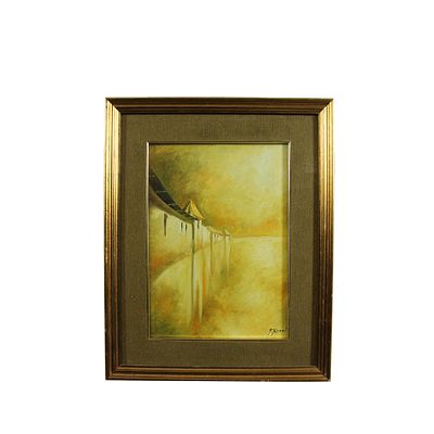 OLIO SU TELA - OLIO SU TELA a firma F. Nuccio raffigurante paesaggio con case dentro cornice 