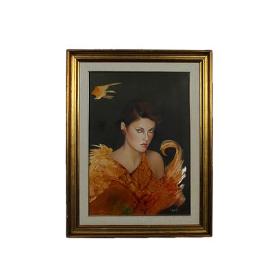 OLIO SU TELA - OLIO SU TELA raffigurante figura femminile dentro cornice dorata a firma I. Nardi 