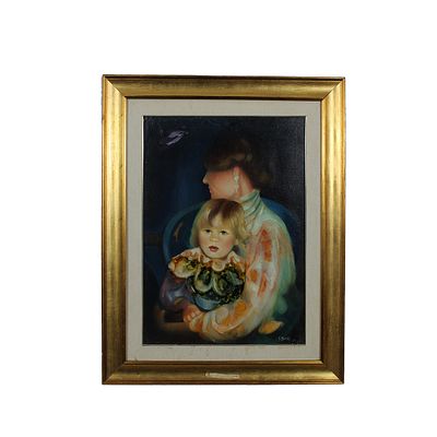 OLIO SU TELA - OLIO SU TELA raffigurante Maternit&agrave; a firma I. Nardi dentro cornice in legno 
