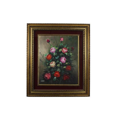 OLIO SU TELA - OLIO SU TELA raffigurante vaso con fiori a firma V. Udine dentro cornice in legno 