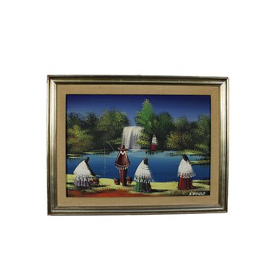 OLIO SU TELA - OLIO SU TELA raffigurante personaggi tipici con fondo paesaggistico a firma A. 