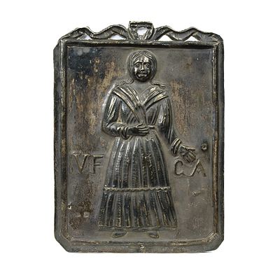 EX VOTO - EX VOTO in argento sbalzato raffigurante popolana punzonata Napoli XIX secolo h cm 15,5 