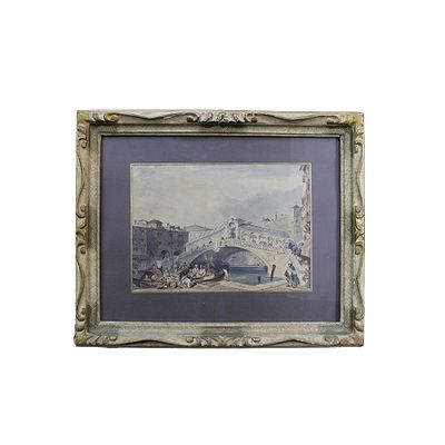 ACQUERELLO SU CARTA - ACQUERELLO SU CARTA raffigurante ponte di rialto Venezia con personaggi a 