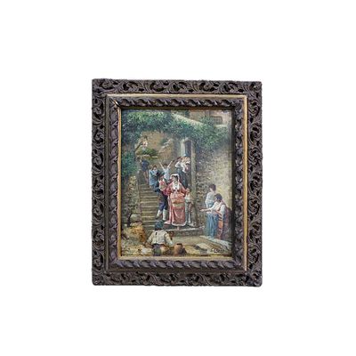 OLIO SU RAME - OLIO SU RAME raffigurante scorcio di paese con popolani a firma G. Chirico scuola 