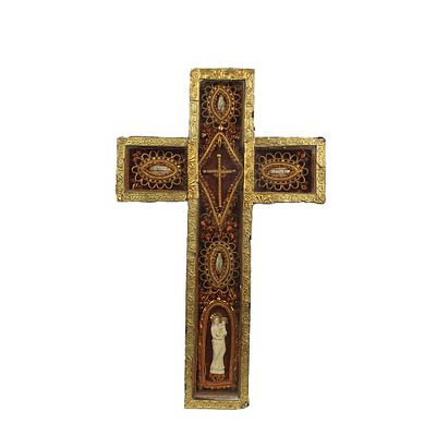 RELIQUIA A CROCE - RELIQUIA A CROCE con decori in carta lumeggiata in oro contenente reliquie 