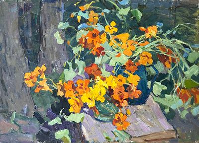 Клементьева Светлана Арсеньевна (1930-1970). &laquo;Настурции&raquo;. 1965 год. Картон, масло. 49,5 &times; 69,5 