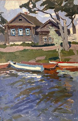 Клементьева Светлана Арсеньевна (1930-1970). &laquo;Пейзаж с лодками. 1968 год. Картон, масло. 46 &times; 