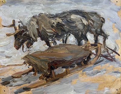 Расторгуев Евгений Анатольевич (1920-2009). &laquo;Северные олени&raquo;. 1950 год. Картон, масло. 21 &times; 16 