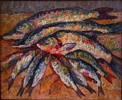 Гландин Леонид Алексеевич (род. 1955). &laquo;Рыбы&raquo;. 1986 год. Холст, масло. 41 &times; 50 см. Леонид 