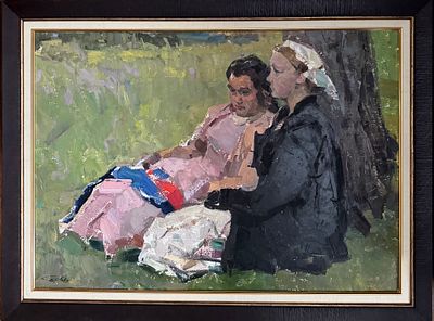 Фролов Константин Петрович (1918 – 1997). &laquo;Подруги&raquo;, 1961 год. Картон, масло. 48 &times; 67 см. . Чест 