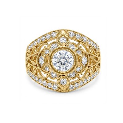 טבעת וינטג׳ עם עיטורי זהב משובצת 0.55 קראט יהלומים טבעיים זהב 18K צהוב מק״ט J122. טבעת וינטג׳ עם 
