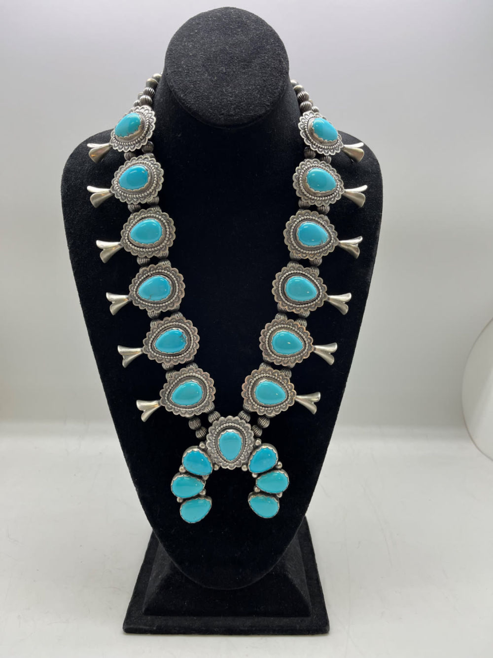 Lot 168: Navajo Bob Becenti AAAAA Prince Egyptian Turquoise Squash Blossom Necklace